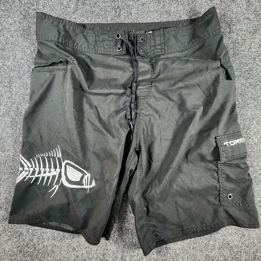 Tormenter Board Shorts Mens 34 Black Fish Skeleton Cargo Pocket Swim Trunks